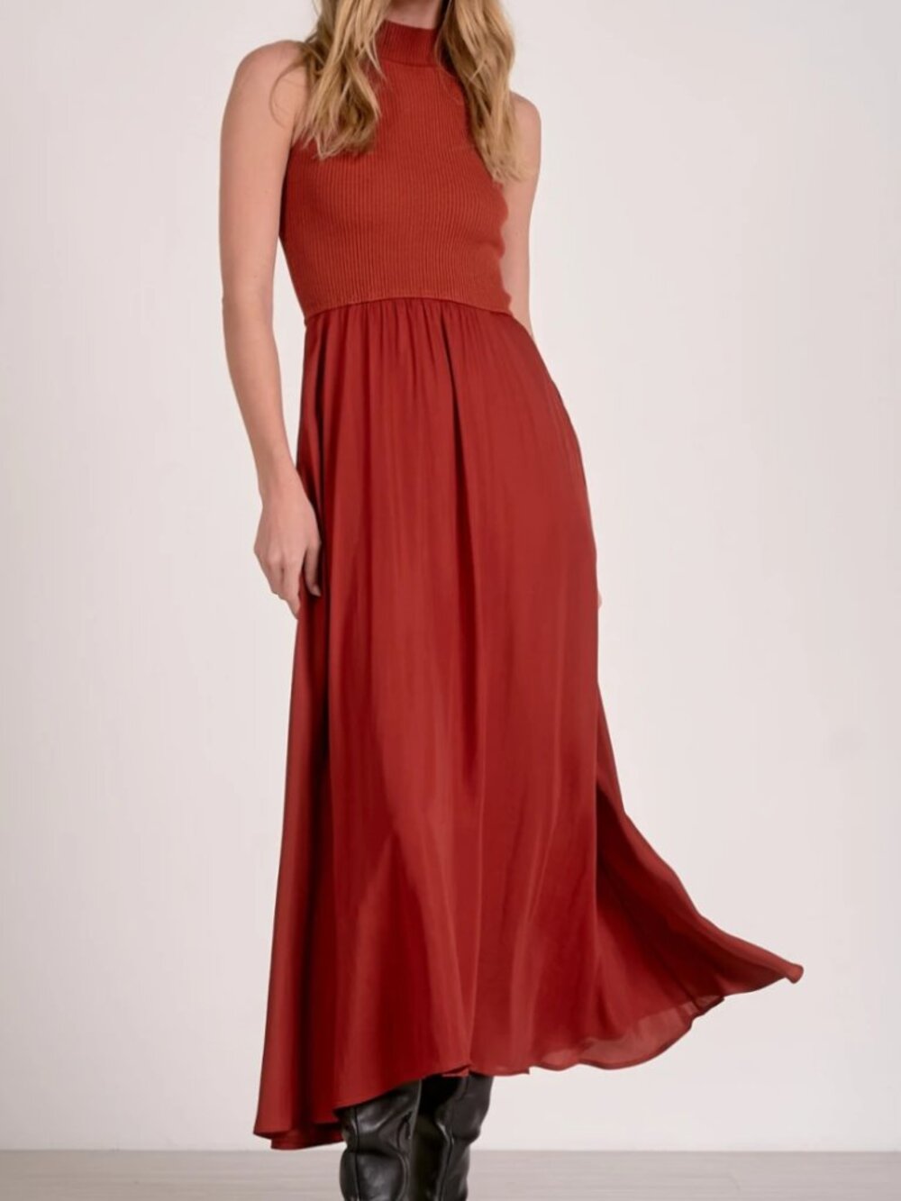 Elan Mixed Media Mockneck Maxi Dress